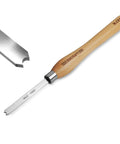 Dead On Precision Cryo Treated M2 High Speed Steel Bead Forming Chisel For Wood Lathe showing blade and wooden handle.