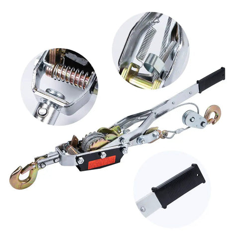 Close-up of Beast 5 Ton Heavy Duty Come Along Winch with 3 hooks, 2 gears, durable steel construction and handle features.