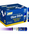 All Purpose Office Glue Sticks 6g Pack Of 30 Purple Goes On Dries Clear, box and open stick with purple application