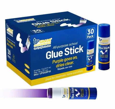 All Purpose Office Glue Sticks 6g Pack Of 30 Purple Goes On Dries Clear, box and open stick with purple application
