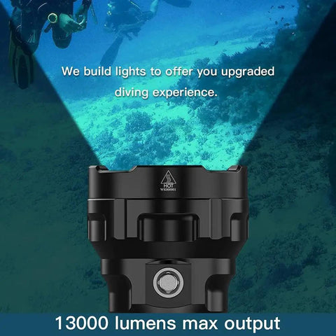 Beast Mode Bright Dive Light 13000 Lumen Scuba Diving Flashlight illuminating underwater scene with 13000 lumens