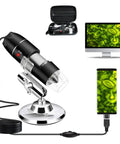 USB Digital Microscope For Android Windows Linux And Mac High Resolution Wired Scope With Live View Screenshot And Video Capture Ideal For Coins Electronics Microbiology And Tiny Details., black wired USB digital microscope with stand, carrying case, and phone and monitor live view