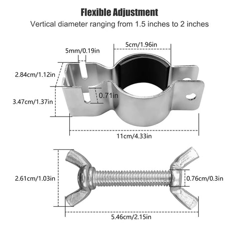 Adjustable Pipe And Drape Clamps For Party Decor with dimensions, heavy-duty steel, rust resistant for venue setup