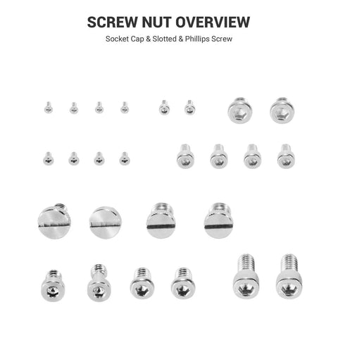 Camera Screw Set AAK2326 26 Pcs For Accessories With Socket Cap Slotted And Phillips Screws Six Types displayed.