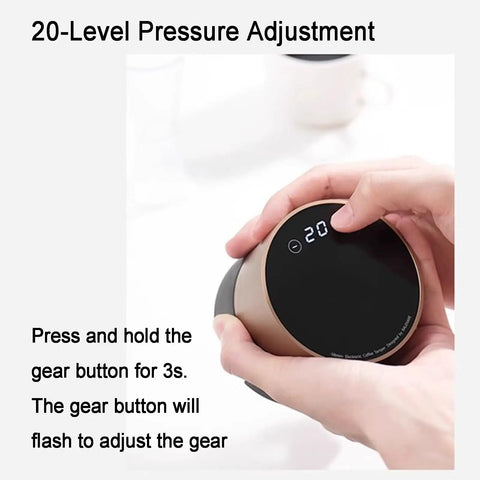 Automatic Espresso Tamper 58mm Electric Coffee Hammer With LCD Screen And Twenty Tamping Levels Rechargeable Barista Gear showing 20-level pressure adjustment display.