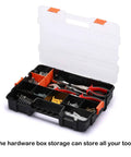 Interlocking Tool Box Organizer Two Piece Set With Removable Dividers For Small Parts Fasteners And Crafts Black Durable Plastic Case With Secure Latch Keeps Tools And Contents In Place, open view with tools inside.