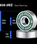 Front view of two 608-2RS steel bearings with green seals; 22mm outer diameter, 8mm bore, 7mm wide.