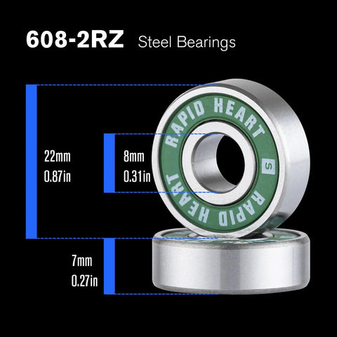 Front view of two 608-2RS steel bearings with green seals; 22mm outer diameter, 8mm bore, 7mm wide.