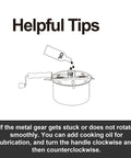 Heavy Duty Six Quart Stovetop Popcorn Popper With Sturdy Wooden Handle showing oil lubrication tip for smooth operation.