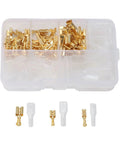 Rock Solid 120 Piece Wire Terminal Crimp Kit With Insulation Sleeves For Auto Audio Home Wiring Fast Easy Spade Lugs In 2.8MM And 4.8MM Sizes, plastic organizer with gold terminals
