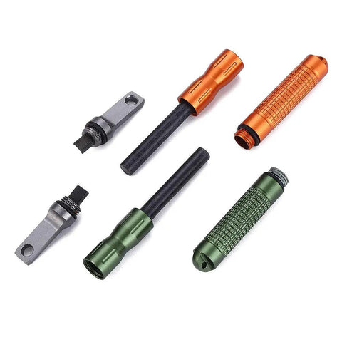 Image of 2 Pack Compact Fire Starters with Scraper Striker, Replaceable Threaded Ferro Rod, Magnesium Fire Steel, EDC Kit components displayed
