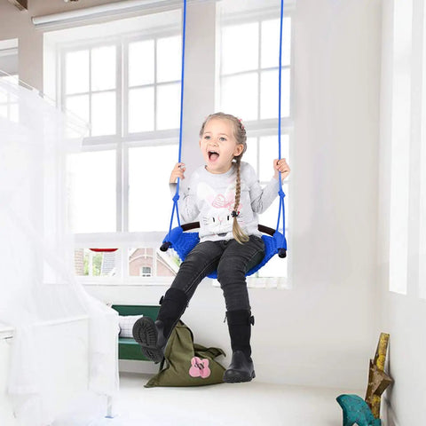 Child on heavy duty kids rope swing seat for indoor and outdoor play with secure hooks and straps 440 lb capacity blue swing