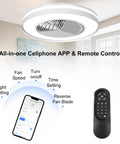 Bladeless 20 Inch Ceiling Fan with Lights Remote Control Dimmable Lighting Semi Flush Mount Enclosed Design shown with remote control