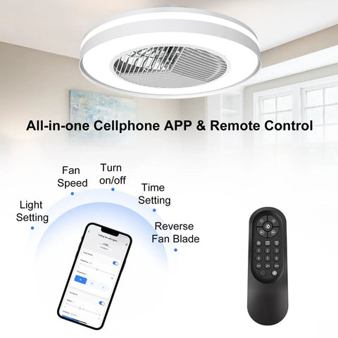 Bladeless 20 Inch Ceiling Fan with Lights Remote Control Dimmable Lighting Semi Flush Mount Enclosed Design shown with remote control