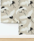 Premium Bird Pattern Large Scale Pvc Free Wallpaper Featuring Hella Durable Matte Linen Texture, beige with white and black cranes.