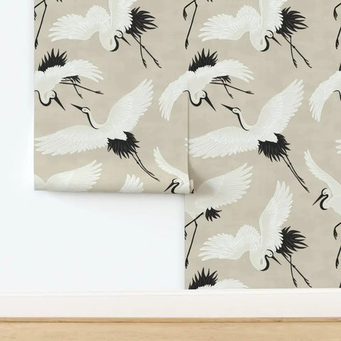 Premium Bird Pattern Large Scale Pvc Free Wallpaper Featuring Hella Durable Matte Linen Texture, beige with white and black cranes.
