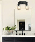 Industrial Black Vanity Light Fixtures With Glass Mason Jar Shades Two Light Vintage Wall Sconces for bathrooms above mirror.