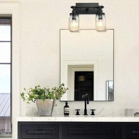 Industrial Black Vanity Light Fixtures With Glass Mason Jar Shades Two Light Vintage Wall Sconces for bathrooms above mirror.