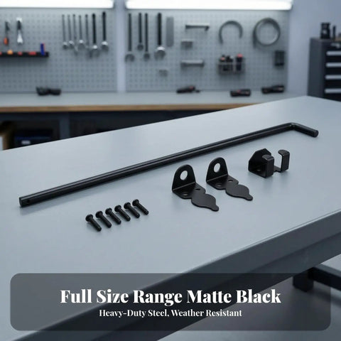 Heavy Duty Drop Rod Bolt Gate Latch With Beefy Guide Brackets And Bent Control Handle on a tabletop with mounting hardware.