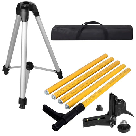 Telescoping Laser Level Pole With Adjustable Tripod Mount Up To Three Point Seven Meters Or Twelve Point One Four Feet For Rotating Laser Levels Includes Quarter Inch By Twenty Inch Laser Pole Mount And Five Eighths By Eleven Adapter Nut.