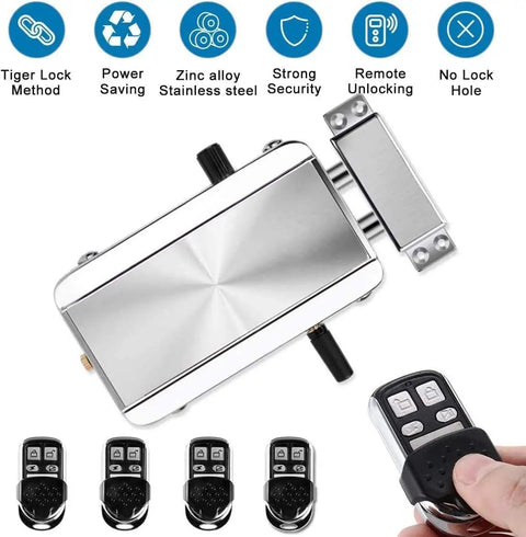 Heavy Duty Slick Remote Control Electronic Smart Door Lock With Auto Lock Keyless Deadbolt, zinc alloy finish and remotes.