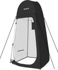 Easy Pop Up Privacy Shower Tent For Camping with open door, showing spacious interior, black material, and window vents.