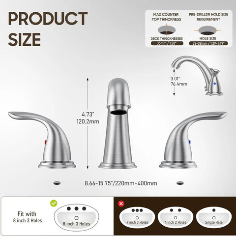 Diagram of 8 Inch Widespread Bathroom Faucet With Two Handles Three Hole Deck Mount In Brushed Nickel Includes Stainless Steel Pop Up Drain Durable Metal Construction Perfect For Modern Vanities And Quick Renovations showing dimensions and installation options