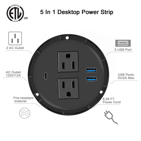 Top view of Desk Power Grommet With PD 20W USB C Hub Recessed Outlet Strip showing 2 AC outlets, 3 USB ports, and labels.