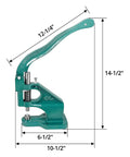 Heavy Duty Hand Press Eyelet Grommet Kit with Three Interchangeable Dies, side view showing dimensions, for punching and setting grommets.