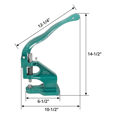 Heavy Duty Hand Press Eyelet Grommet Kit with Three Interchangeable Dies, side view showing dimensions, for punching and setting grommets.