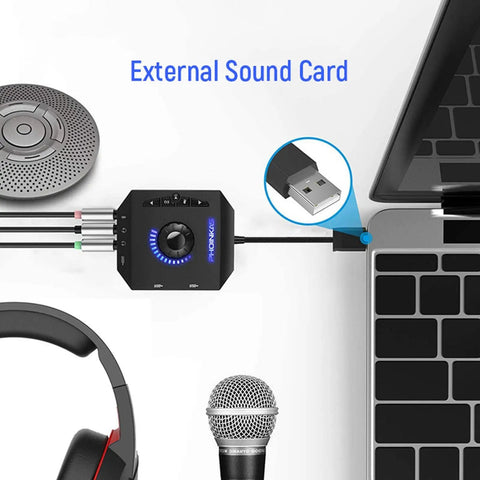 External USB Sound Card 7.1 Channel Audio Adapter With 3.5mm Interface And USB For PC And Laptop, multi port connections shown.