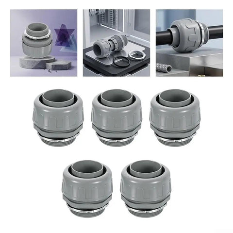 Five Pack Ridiculously Tough Two Inch NPT Plastic Flexible Conduit Connectors, gray plastic fittings in a set.