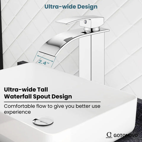 Waterfall Tall Bathroom Faucet 1 Hole Single Handle Vessel Sink Mixer Tap Stainless Steel With cUPC Hoses Modern Lavatory Chrome Faucet