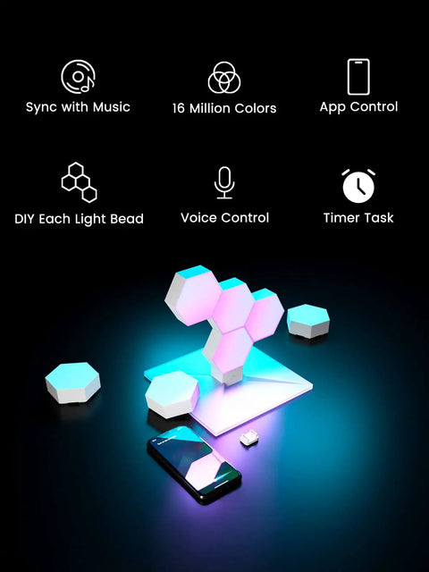 Hexagon LED Wall Lights Set Three Piece Pro for Bedroom and Gaming Room, RGB color changing panels with app and music control