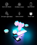 Hexagon RGB LED Light Panels Kit With App Control Smart Wall Mounted DIY Geometric Modular Lights For Home Decor 9 Piece Plus Set 70 Plus Dope Effects Colorful Mood Lighting Easy Assembly Works With Razer displaying various features.