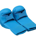Blue Karate Shin Guard Set With Instep Protection And Gloves, WKF Certified For Training And Competition, Medium Size Gloves