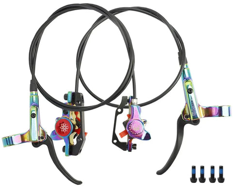 Heavy Duty Hydraulic Disc Brake Kit With 800mm Front And 1400mm Rear Lines Twin Pistons for mountain bikes, featuring colorful calipers.