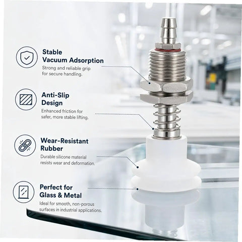 8 Pcs Heavy Duty Pneumatic Suction Cup Vacuum Gripper Set For Industrial Manipulator Arms showing durable silicone cup and metal fittings.