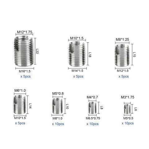 Heavy Duty Stainless Steel Self Tapping Thread Inserts Set M3 To M16 Inner Thread Repair Kit, 50 Pieces, Pro Grade Industrial Fastener Repair For Cars, Machinery, And Home Projects. Sizes shown