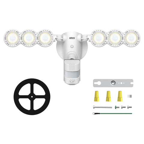 Ultra Bright 45W 6000LM Motion Sensor Outdoor LED Flood Lights 5000K Daylight showing parts and installation kit