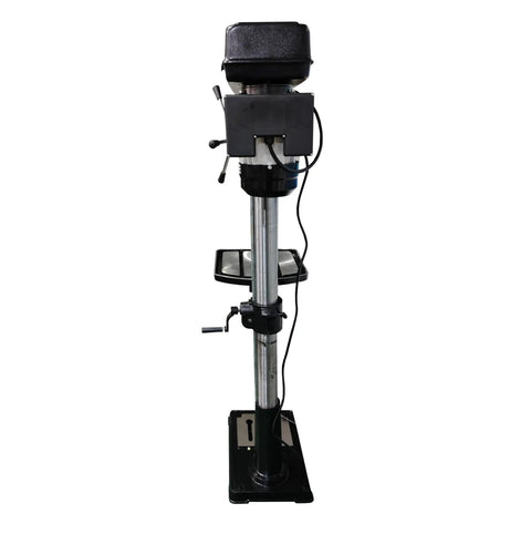 17 Inch ForedstWest Floor Drill Press 1.5Hp Motor With 16 Speeds viewed from side, featuring adjustable table and cast iron base.