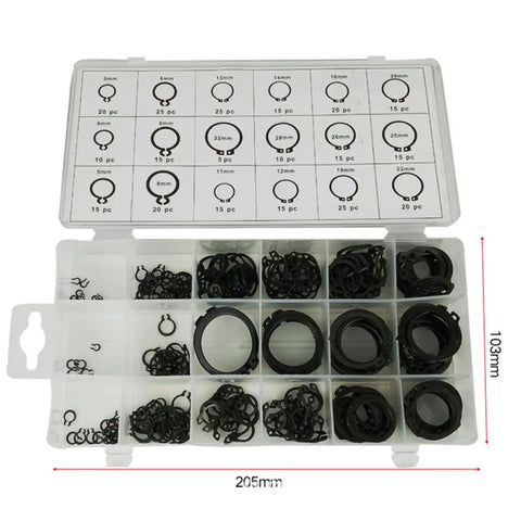 External Snap Ring Assortment Kit With 300 Pieces In 18 Sizes Black Metal Retaining Rings And Handy Storage Case For Industrial And Scientific Projects, open case 205mm x 103mm