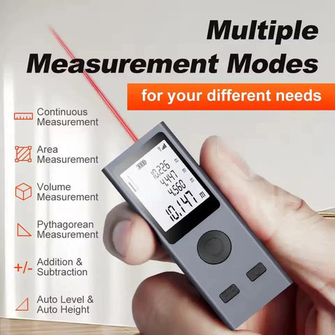 Heavy Duty Laser Rangefinder With Hella Accurate 98 Foot Digital Measurement Tool USB Rechargeable Battery HD Backlit Panel For Contractors And Side Hustlers showing multiple measurement modes on display.