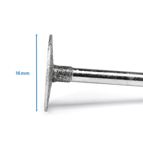 Close-up of Pro Grade Diamond Burr Set Five Pieces Flat Disc Bits 16mm Diameter with 3mm Shank, side view of single bit.