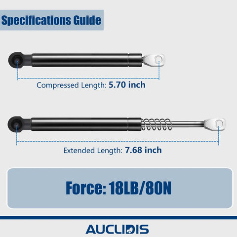 Specifications of Seven Point Five Inch 18 Pound Gas Strut Lift Support For Sentry Safe Replacement Parts, compressed and extended length shown.