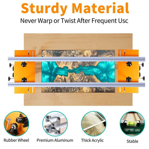 Top view of Slab Flattening Router Sled, 58 Inch Adjustable Planing Jig For Woodworking, orange color, premium aluminum.