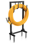 Rugged Heavy Duty Garden Hose Holder Reel With Four Large Hooks, Freestanding Metal Hose Storage displaying yellow hose, upgraded square frame.