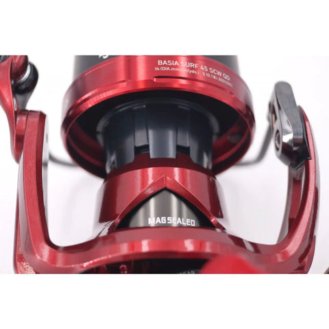 Close-up of Basia Surf 45 SCW QD Surfcasting Reel with magsealed bearings and Zaion material for big waves.