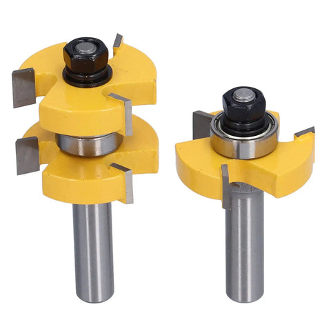 Tongue And Groove Router Bit Set Two Pack Carbon Steel One Half Inch Shank Anti Backlash Design For Cabinet Doors Frames Panels And Other Woodworking Projects With Smooth Clean Cuts, two yellow router bits