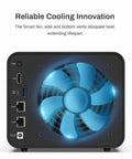 Rock Solid Four Bay Nas Server Built Around A Legit Badass Intel I3 N305 Eight Core Processor With Thirty Two Gigabytes Ddr5 Ram And Dual Two Point Five Gigabit Ethernet For Snappy Speeds Alongside M2 Nvme Ssd Cache Slots In A Clean Diskless Layout showing cooling fan and rear ports.